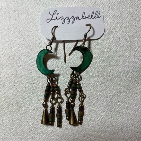 Crescent Moon verdigris copper patina earrings - Picture 2 of 7